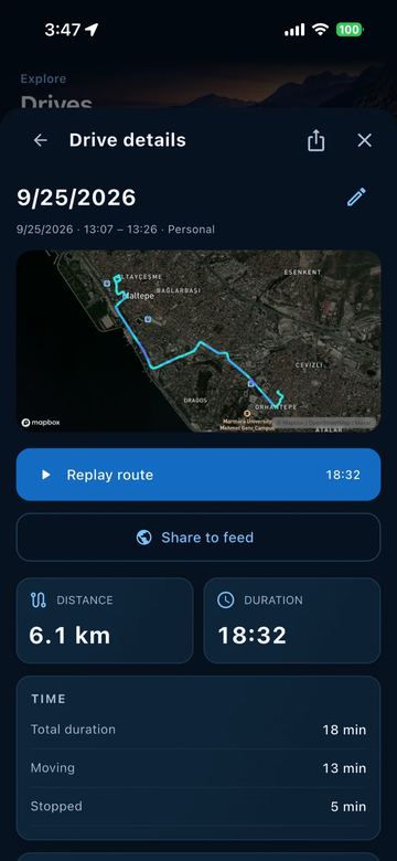 Clearway drive details: the route map, replay route button, and distance and duration cards