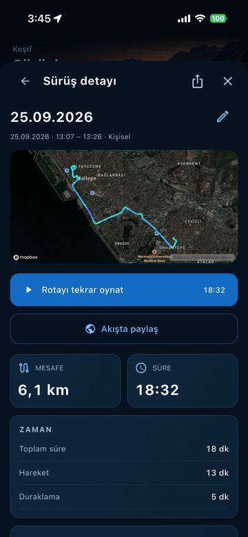 Clearway sürüş detayı: rota haritası, rotayı tekrar oynat düğmesi, mesafe ve süre kartları