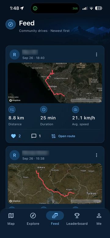 The Clearway Feed tab: drive cards shared by the community with route maps, distance and duration