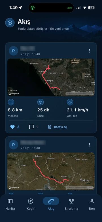 Clearway Akış sekmesi: topluluğun paylaştığı sürüş kartları, rota haritası, mesafe ve süre bilgileri