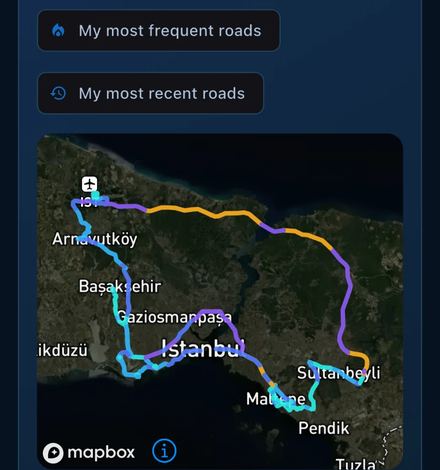 Clearway İstatistikler görünümü: sık kullanılan yollar seçenekleri ve İstanbul üzerinde renklendirilmiş rota haritası