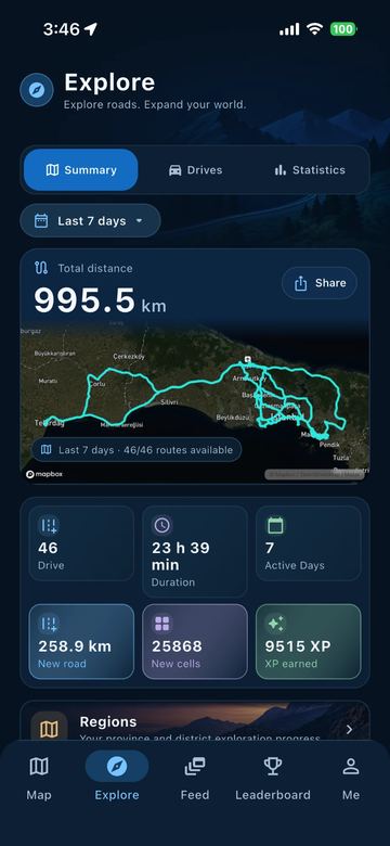 The Clearway Explore tab in Summary view: total distance over the last seven days, drive count, new road and new cell totals